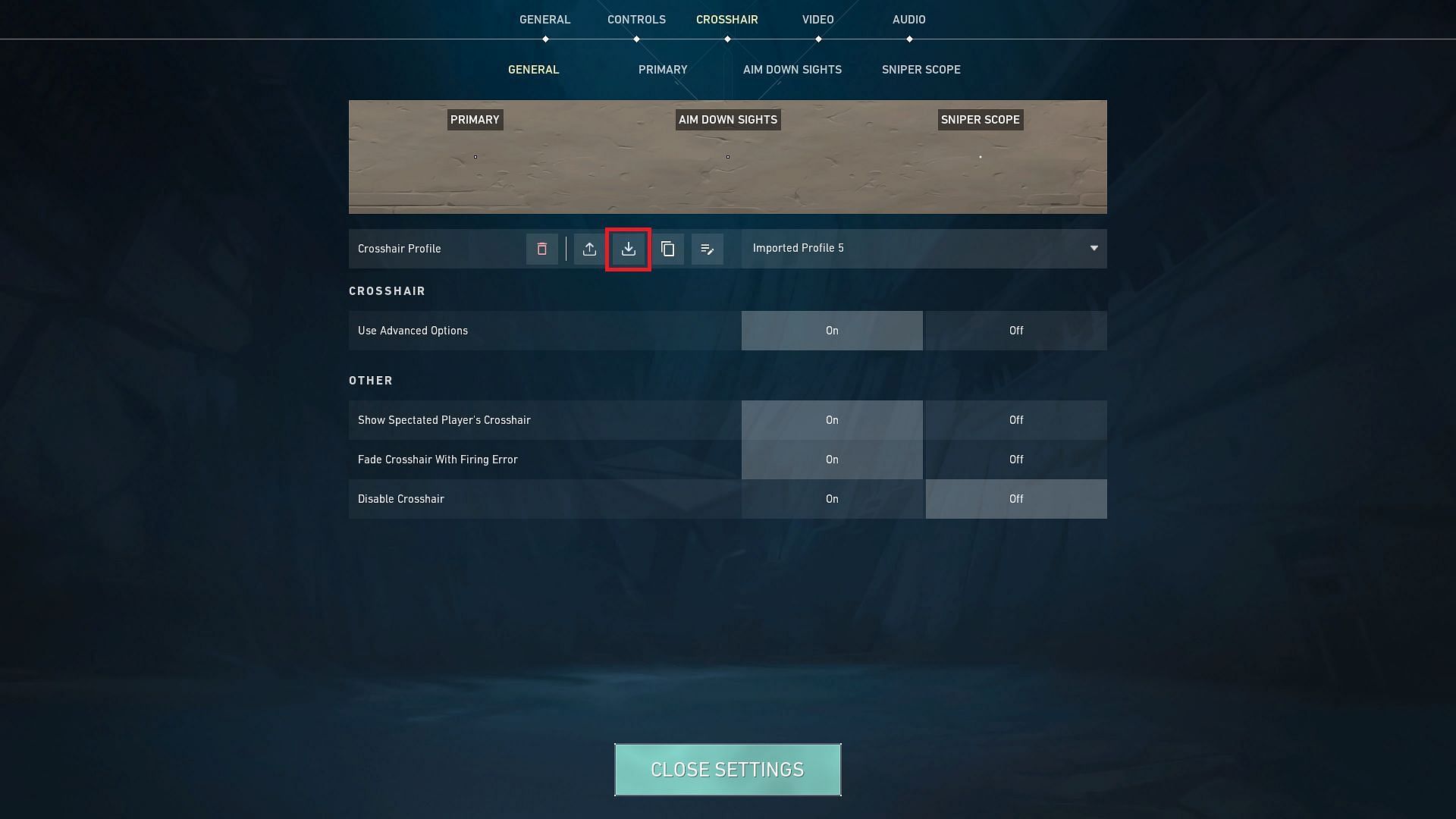 Valorant crosshair settings tab and options (Image via Riot Games)